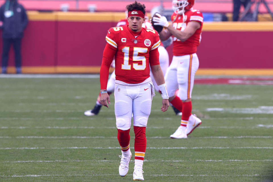 Chiefs QB Patrick Mahomes was limping after an apparent foot injury in the first half against the Browns. (Photo by Jamie Squire/Getty Images)