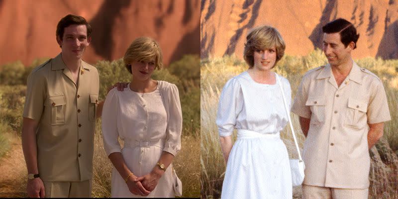 <p>The royal couple looked fashionable on a visit to Australia's Ayers Rock in 1983 — both in real life <em>and </em>on the show. The photo on the right was widely circulated, and as such <em>The Crown </em>sought to replicate Diana's white belted sundress and Prince Charles's tan button-down suit exactly. </p>