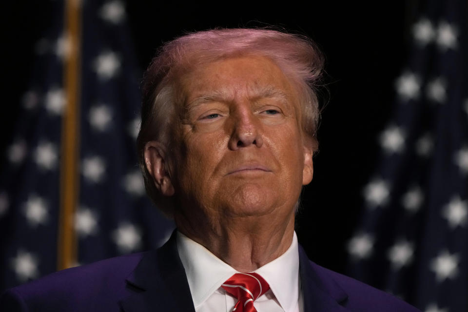 Former President Donald Trump arrives at a commit to caucus rally, Sunday, Oct. 29, 2023, in Sioux City, Iowa. (AP Photo/Charlie Neibergall)