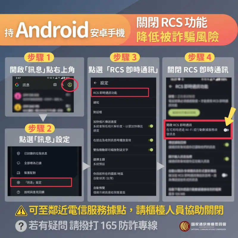 ▲安卓手機關閉RCS的步驟方法。（圖/NCC提供））