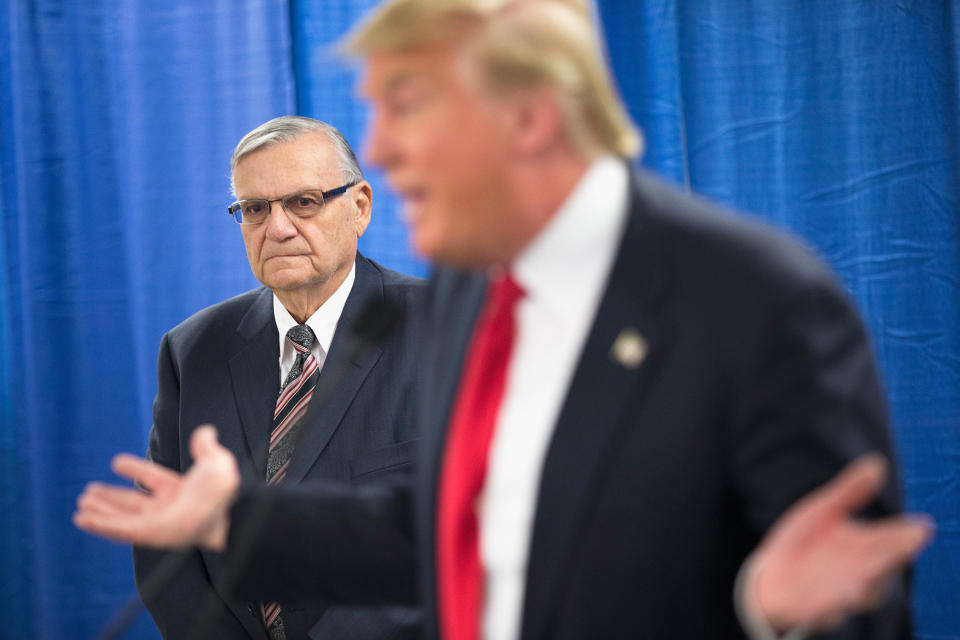 Sheriff Joe Arpaio of Maricopa County, Arizona, supported Donald Trump's presidential campaign, joining him at a rally Jan. 26, 2016, in Marshalltown, Iowa.&nbsp; (Photo: Scott Olson via Getty Images)