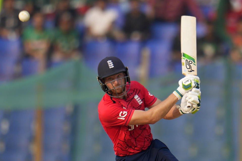 England's captain Jos Buttler plays a shot during the first T20 cricket match between Bangladesh and England in Chattogram, Bangladesh, Thursday, March 9, 2023. (AP Photo/Aijaz Rahi)