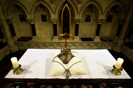 The 800-year-old heart of the patron Saint of Dublin Laurence O'Toole lies in repose returned to Christ Church Cathedral after it was stolen six years ago, in Dublin, Ireland April 26, 2018. REUTERS/Clodagh Kilcoyne