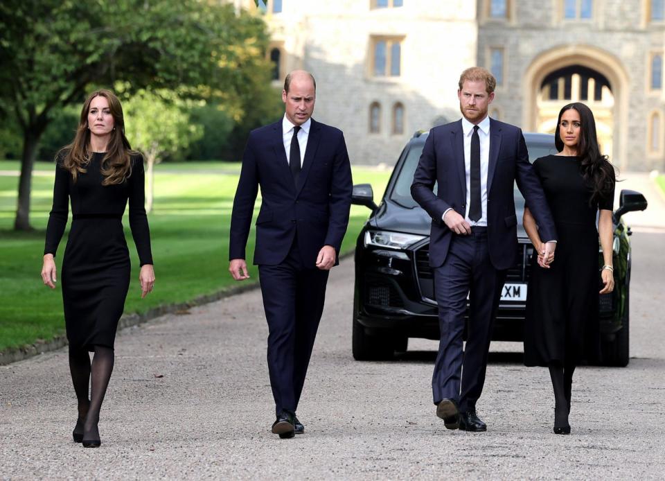 PHOTO: Catherine, Princess of Wales, Prince William, Prince of Wales, Prince Harry, Duke of Sussex, and Meghan, Duchess of Sussex on the long Walk at Windsor Castle on Sept. 10, 2022 in Windsor, England. (Chris Jackson/Getty Images, FILE)