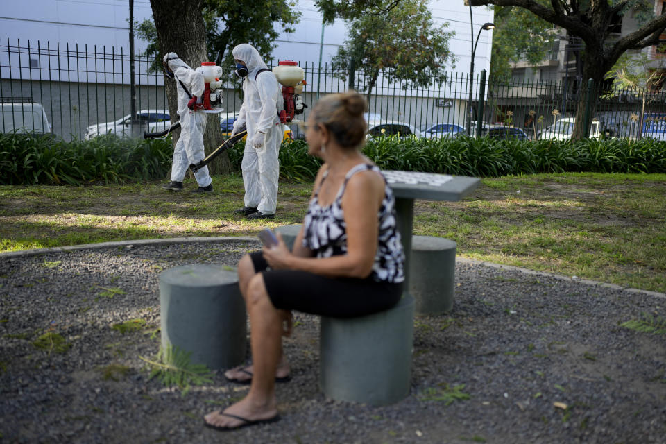 Una brigada fumiga un parque para combatir el dengue en medio de un aumento de casos en todo el país en Buenos Aires, Argentina, el martes 26 de marzo de 2024. (AP Foto/Natacha Pisarenko)