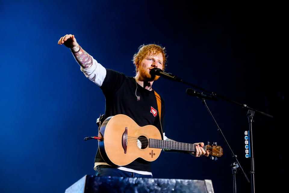 Ed Sheeran performs during the first day of the 2019 Sziget Festival in Budapest. (Photo by Luigi Rizzo/Pacific Press/LightRocket via Getty Images)