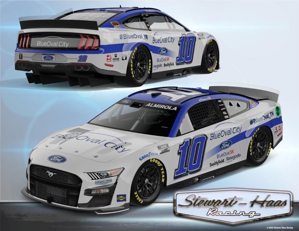 Driver Aric Almirola will drive a mustang adorned with the BlueOval City logo and hashtag this weekend for the annual Bristol Night Race at the Bristol Motor Speedway.