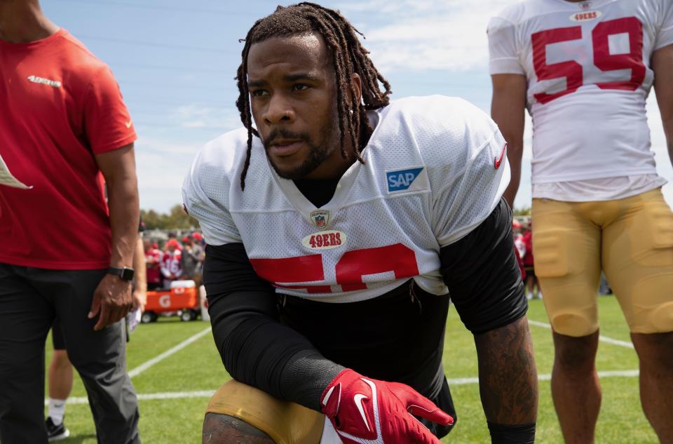 SANTA CLARA, CA - AUGUST 1: Robert Nkemdiche #50 of the San Francisco 49ers during training camp at the SAP Performance Facility on August 1, 2022 in Santa Clara, California.  (Photo by Michael Zagaris/San Francisco 49ers/Getty Images)  *** Local Caption *** Robert Nkemdiche