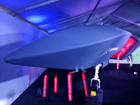 A model of Boeing Co's new unmanned, fighter-like jet, called the Boeing Airpower Teaming System, is displayed in Avalon, Australia February 27, 2019. REUTERS/Jamie Freed