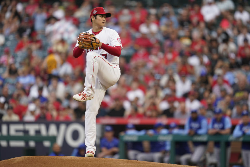 Los Angeles Angels starting pitcher Shohei Ohtani (17) throws during the first inning of a baseball game against the Kansas City Royals in Anaheim, Calif., Wednesday, June 22, 2022. (AP Photo/Ashley Landis)