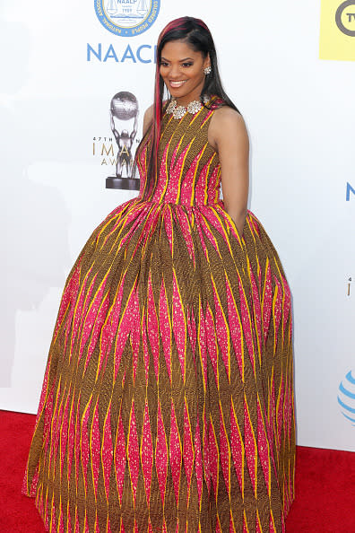 Director Nzingha Stewart in a pink and yellow tribal patterned gown at the 47th NAACP Image Awards at Pasadena Civic Auditorium in Pasadena, California.