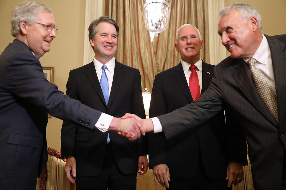 Senate Majority Leader Mitch McConnell, R-Ky., Brett Kavanaugh, Vice President Mike Pence and former Sen. Jon Kyl, R-Ariz., before a meeting in Washington on July 10. (Photo: Chip Somodevilla/Getty Images)