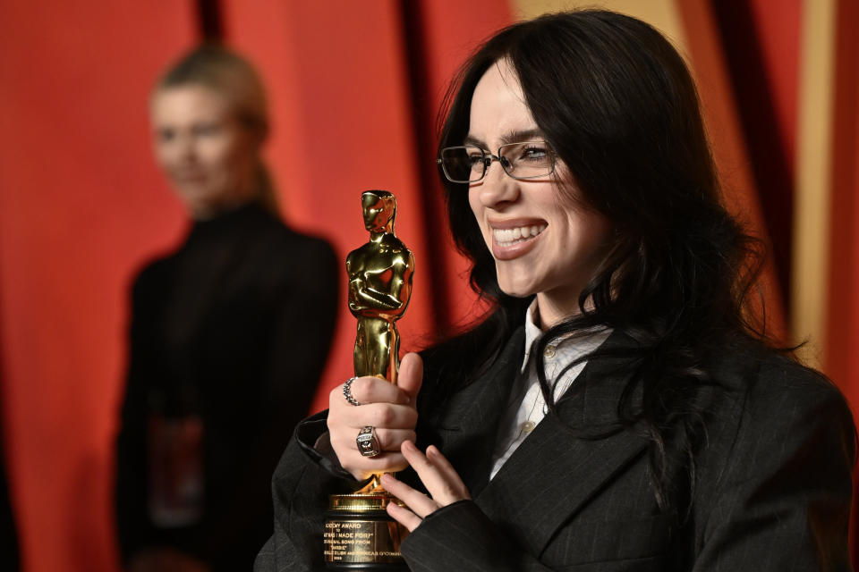 Billie Eilish arrives at the Vanity Fair Oscar Party on Sunday, March 10, 2024, at the Wallis Annenberg Center for the Performing Arts in Beverly Hills, Calif. (Photo by Evan Agostini/Invision/AP)