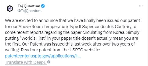 奧蘭多泰吉量子（Taj Quantum）公司於 7 月 30 日於推特發文表示：「我們很高興地宣布我們終於被授予了高於室溫的第二類（第II類）超導體的專利。」   圖：翻攝自推特＠TajQuantum