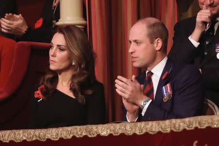 Britain's Prince William, Duke of Cambridge and Catherine, Duchess of Cambridge attend the Royal British Legion Festival of Remembrance to commemorate all those who have lost their lives in conflicts and mark 100 years since the end of the First World War, at the Royal Albert Hall, London, Britain November 10, 2018. Chris Jackson/Pool via REUTERS