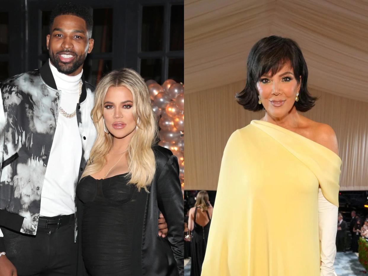 left: tristan thompson and khloe kardashian, posing together and wearing black, white, and grey clothes; right: kris jenner at the met gala, wearing an off the shoulder yellow dress and with her hair flipped out