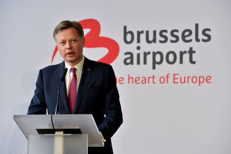 Brussels airport CEO Arnaud Feist speaks during a ceremony at Brussels Airport as the departure hall reopens 40 days after deadly attacks, in Zaventem, Belgium, May 1, 2016. REUTERS/Eric Vidal