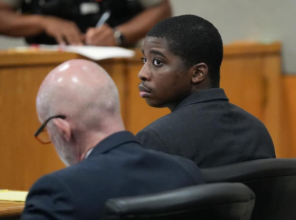 De’Ondre White listens to testimony during his murder trial on Wednesday.