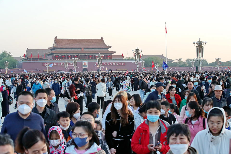 Tourists visit Tian'anmen Square during the May Day holiday on May 1, 2023 in Beijing, China. 