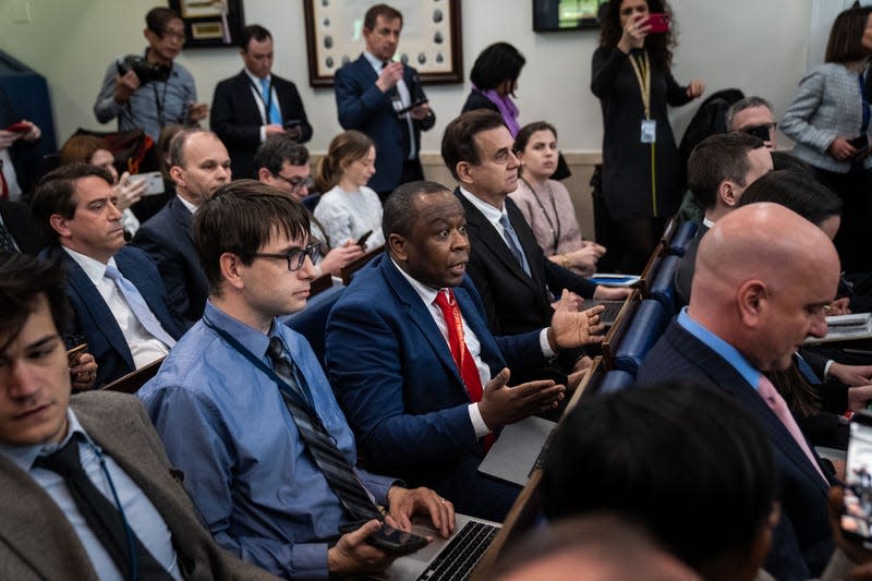 Today News Africa reporter Simon Ateba interrupts White House Press Secretary Karine Jean-Pierre during the daily press briefing in the Brady Press Briefing Room of the White House on Monday, March 20, 2023 in Washington, DC. 