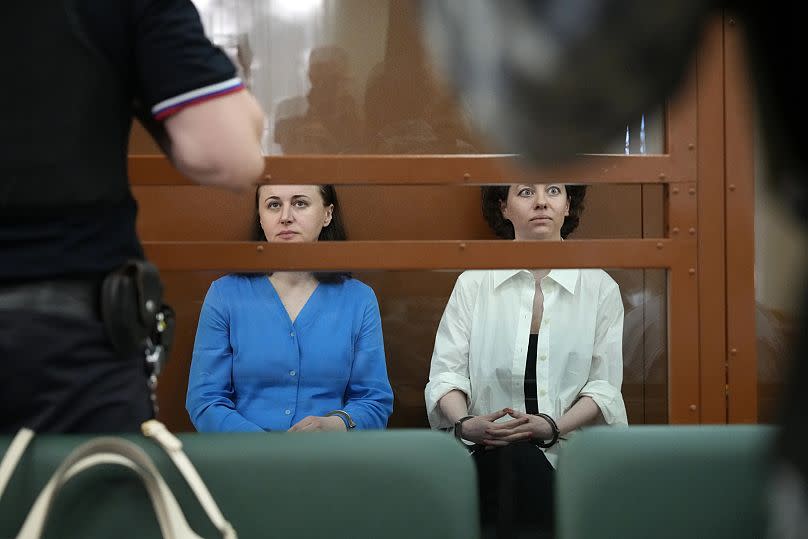 Playwright Svetlana Petrichuk, left, and theatre director Yevgenia Berkovich prior to a court hearing in Moscow on 8 July.