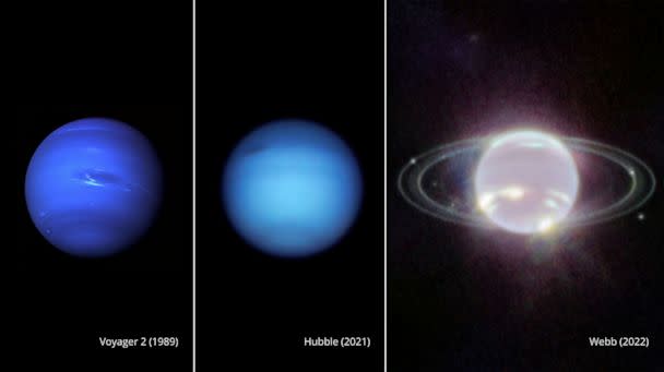 PHOTO: This composite image provided by NASA on Sept. 21, 2022, shows three side-by-side images of Neptune. From left, a photo of Neptune taken by Voyager 2 in 1989, Hubble in 2021, and the James Webb telescope in 2022. (NASA via AP)