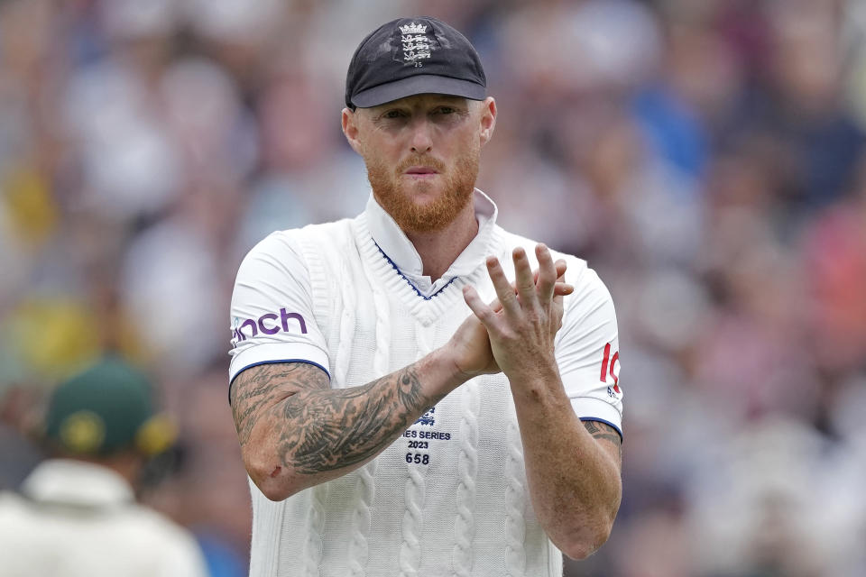 England's captain Ben Stokes claps during the second day of the fifth Ashes Test match between England and Australia at The Oval cricket ground in London, Friday, July 28, 2023. (AP Photo/Kirsty Wigglesworth)