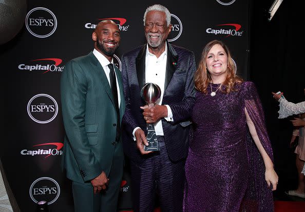 LOS ANGELES, CALIFORNIA - JULY 10: (L-R) Kobe Bryant, Bill Russell and a guest attend The 2019 ESPYs at Microsoft Theater on July 10, 2019 in Los Angeles, California. (Photo by Rich Fury/Getty Images)