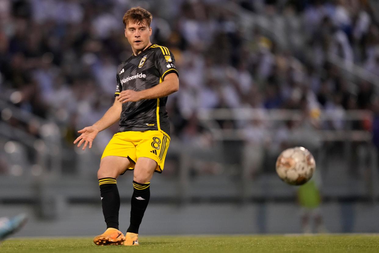 May 24, 2023; Pittsburgh, Pennsylvania, USA; Columbus Crew midfielder Aidan Morris (8) moves the ball upfield during the second half of the U.S. Open Cup match against the Pittsburgh Riverhounds SC at Highmark Stadium in Pittsburgh. The  Crew lost 1-0.  Mandatory Credit: Adam Cairns-The Columbus Dispatch