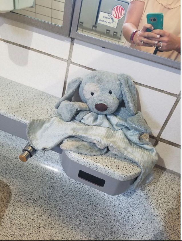 Katie Hoeppner found this stuffed toy in a highway bathroom. Photo: Facebook/Katie Hoeppner