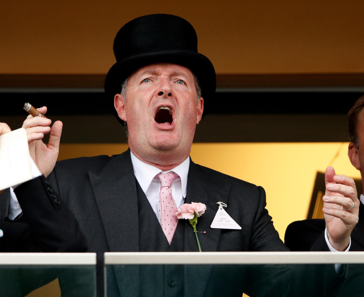 ASCOT, UNITED KINGDOM - JUNE 19: (EMBARGOED FOR PUBLICATION IN UK NEWSPAPERS UNTIL 24 HOURS AFTER CREATE DATE AND TIME) Piers Morgan smokes a cigar whilst watching the racing on day two of Royal Ascot at Ascot Racecourse on June 19, 2019 in Ascot, England. (Photo by Max Mumby/Indigo/Getty Images)