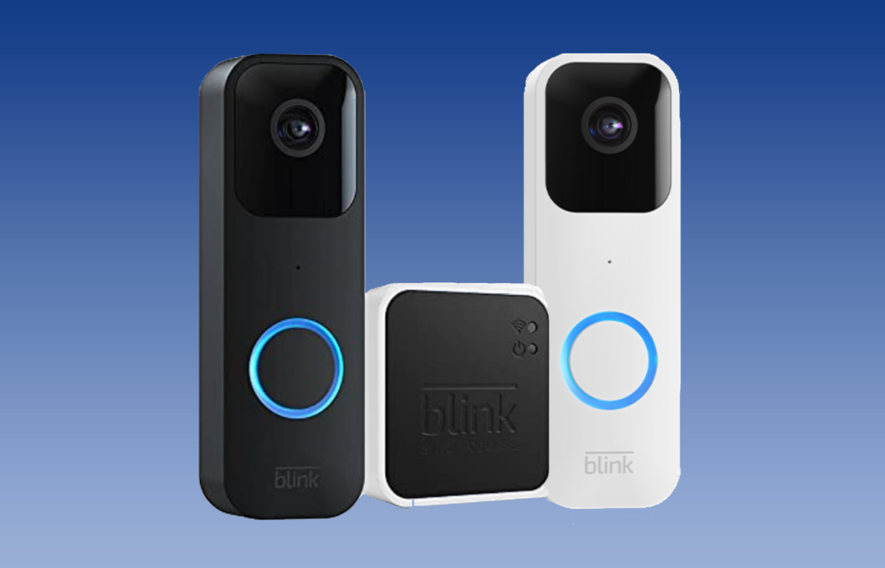 Black and white colored video smart doorbells on blue ground.