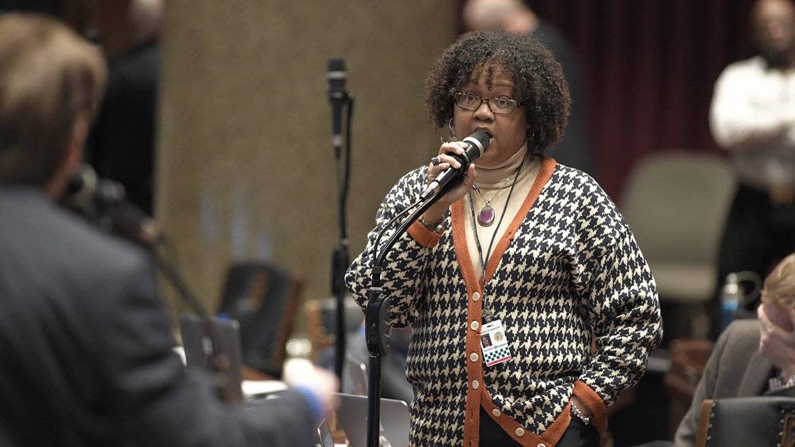 State Sen. Barbara Washington, a Kansas City Democrat, delivers a speech at the Missouri Capitol in Jefferson City. Washington said she hopes a new Kansas City psychiatric hospital will put a dent in the state's mental health issues. 