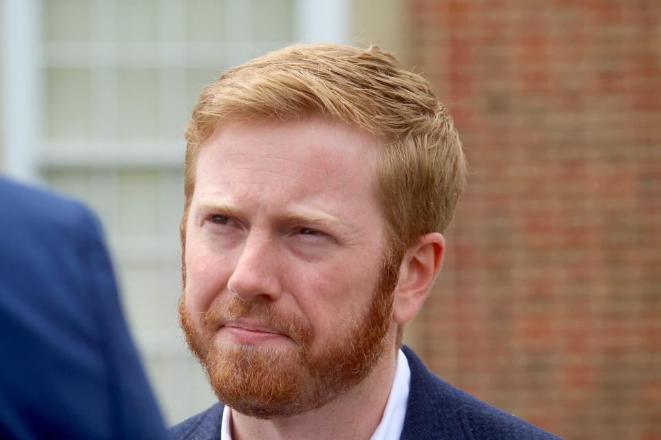 U.S. Rep. Peter Meijer, R-Grand Rapids, speaks with press following a tour by First Lady Jill Biden of a vaccination clinic at Grand Rapids Community College on Thursday, May 27, 2021, in Grand Rapids, Mich.