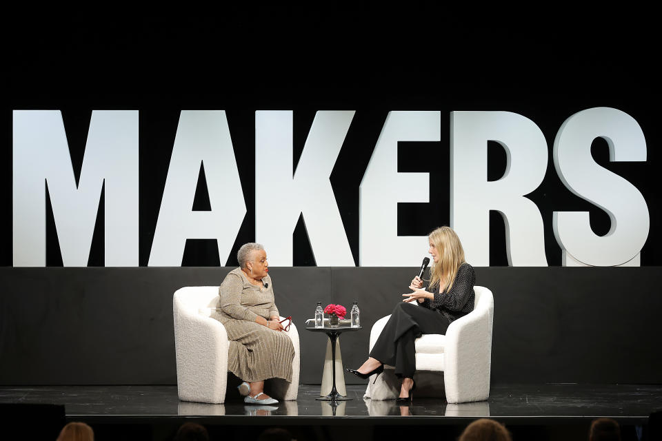 BEVERLY HILLS, CALIFORNIA - FEBRUARY 29: (L-R) Dr. Ella Bell and Gwyneth Paltrow, CEO & Founder, goop speak onstage during Day Three of The MAKERS Conference 2024 The Beverly Hilton on February 29, 2024 in Beverly Hills, California. (Photo by Emma McIntyre/Getty Images for The 2024 MAKERS Conference)