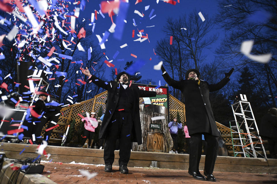 Groundhog Club Groundhog Club Vice President Dan McGinley (right) and Dave Gigliotti entertain the crowd while waiting for Punxsutawney Phil, the weather prognosticating groundhog, during the 137th celebration of Groundhog Day on Gobbler's Knob in Punxsutawney, Pa., Thursday, Feb. 2, 2023. Phil's handlers said that the groundhog has forecast six more weeks of winter. (AP Photo/Barry Reeger)