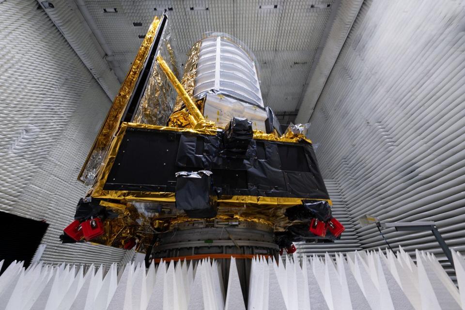 The European Space Agency's Euclid space telescope is seen during electromagnetic testing at a Thales Alenia Space facility in Cannes, France. Euclid will help scientists answer questions about the nature of dark matter and dark energy, both of which are believed to influence the growth and development of the universe.