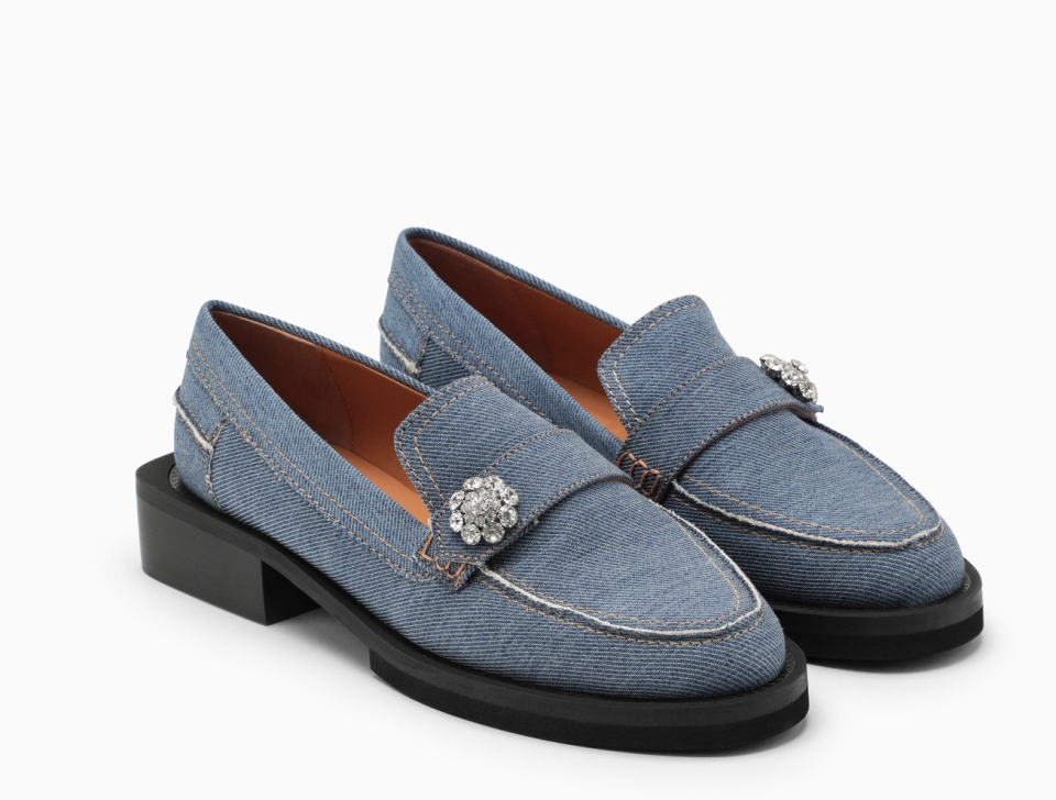 A photo of Ganni Denim loafers with crystals. (The DOuble F)