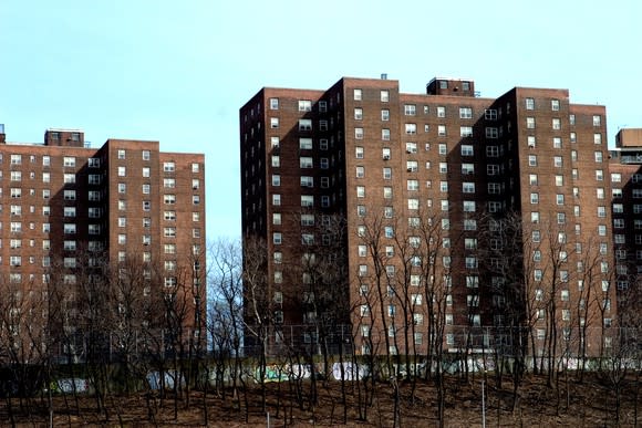 The outside of a Bronx, New York, public housing project.
