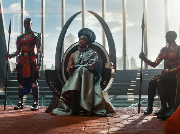 This image released by Marvel Studios shows, from left, Dorothy Steel as Merchant Tribe Elder, Florence Kasumba as Ayo, Angela Bassett as Ramonda, and Danai Gurira as Okoye in a scene from 