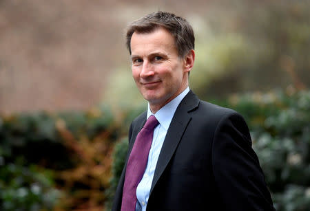 FILE PHOTO: Britain's Foreign Secretary Jeremy Hunt is seen outside of Downing Street in London, Britain, February 4, 2019. REUTERS/Toby Melville/File Photo