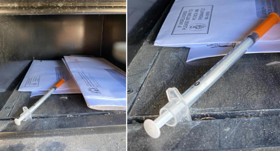 The needle in the letterbox on top of envelopes (left) and a close up (right).