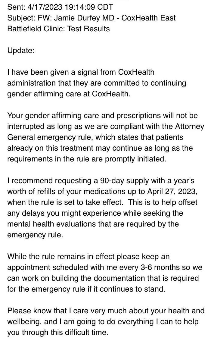 An email sent to patients of Dr. Jamie Dee Durfey with Cox Health on Monday, April 17, 2023.