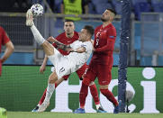 Italy's Ciro Immobile shoots on goal during the Euro 2020 soccer championship group A match between Turkey and Italy at the Olympic stadium in Rome, Friday, June 11, 2021. (Ettore Ferrari/Pool via AP)