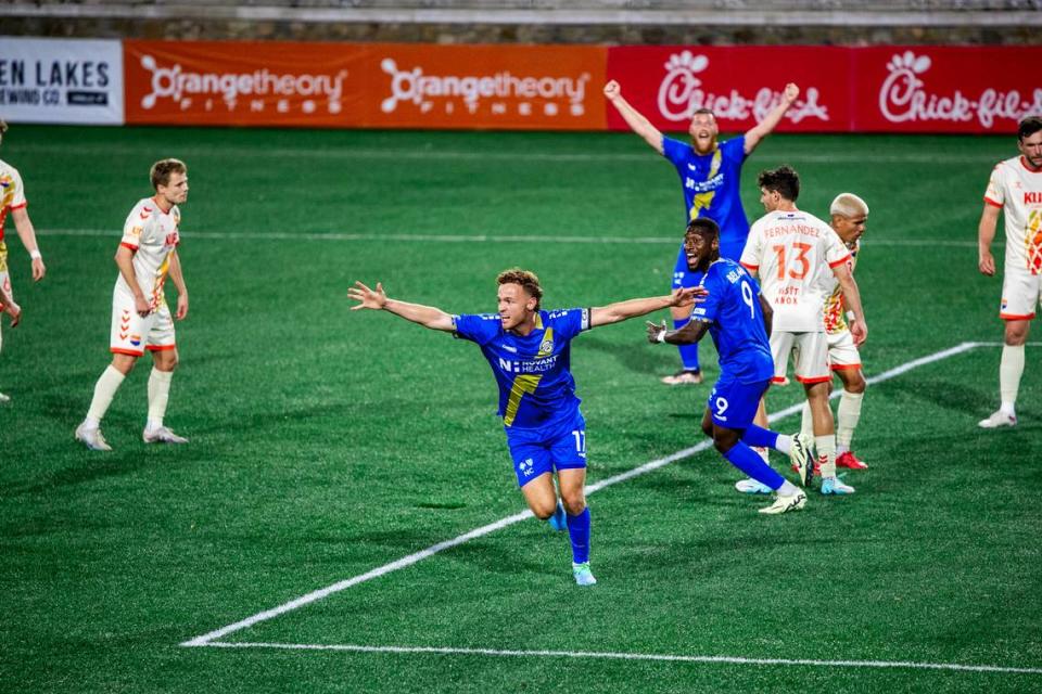 Clay Dimick scores in his return to the pitch in a 2-1 loss to One Knoxville SC during Charlotte Independence’s 2024 season opener in March. Laura Stroud