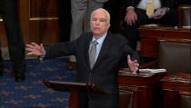 <p>A still image from video shows Sen. John McCain, who had been recuperating in Arizona after being diagnosed with brain cancer, speaking on the floor of the U.S. Senate after returning to Washington for a vote on health care reform in Washington, July 25, 2017. (Photo: Senate TV/Handout via Reuters) </p>