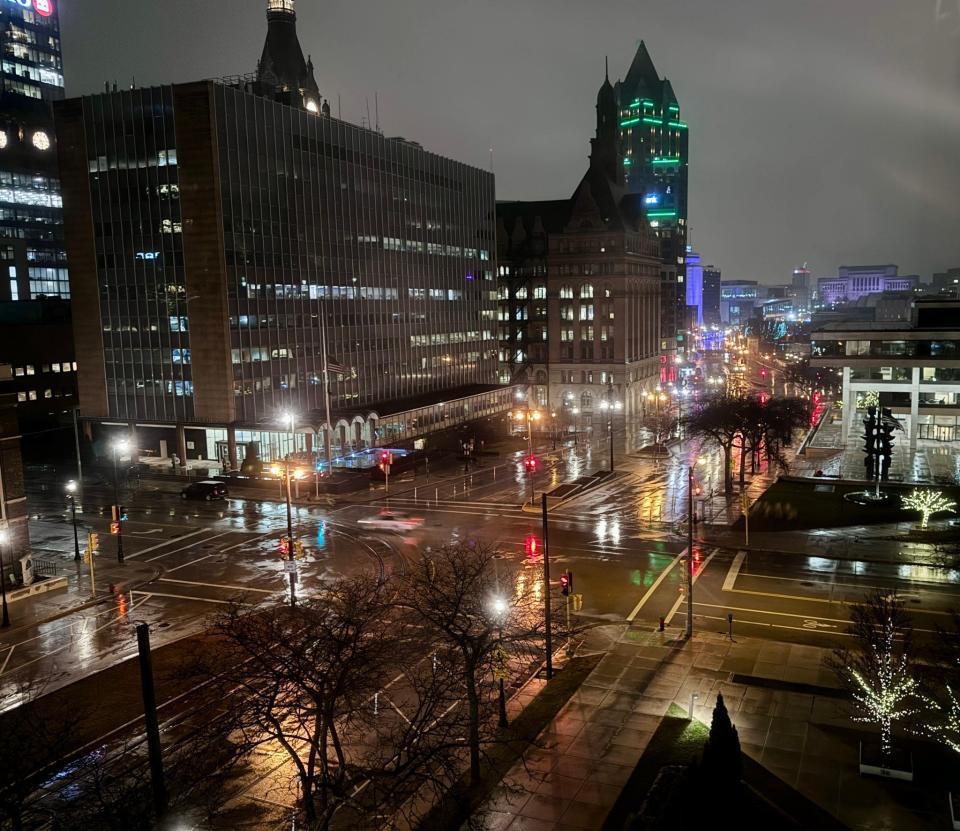 Rain was falling in downtown Milwaukee around 6:15 a.m. as southeast Wisconsin braced for a day-long snowstorm on Jan. 9, 2024.