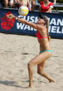 Kerri Walsh plays the ball during the women's quarter-finals of the AVP Brooklyn Open against Jennifer Boss and April Ross on July 19, 2008 at Coney Island in the Brooklyn borough of New York City. (Photo by Jim McIsaac/Getty Images)