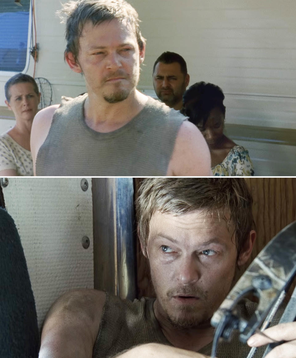 Norman Reedus as Daryl Dixon in 'The Walking Dead' looking intently, with other characters in the background