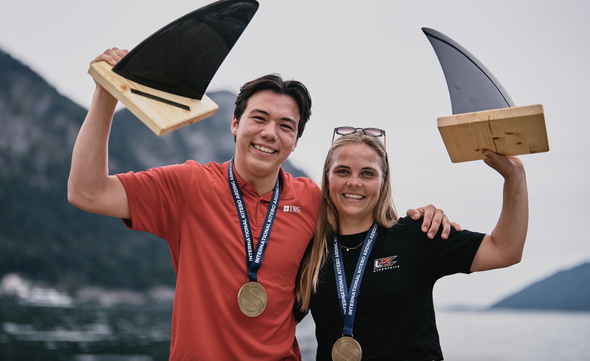 Max Maeder and Jessie Kampman celebrate victory on Lake Traunsee. (Photo: IKA media/Robert Hajduk)